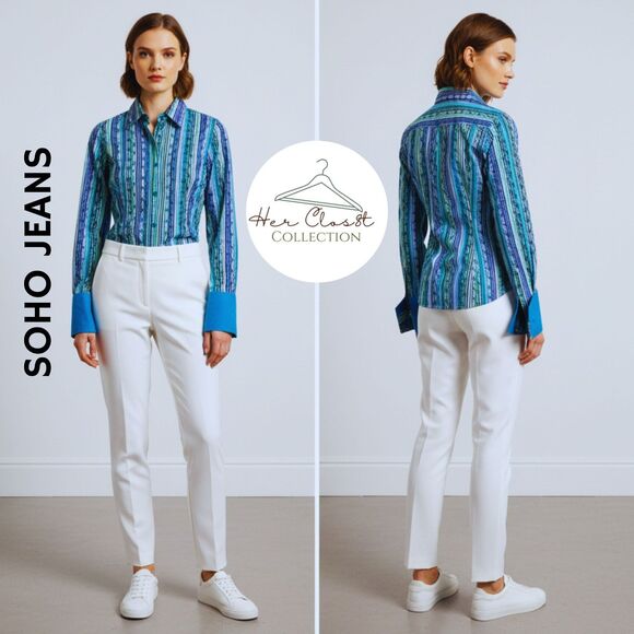 SOHO Jeans Blue Stripes Florals Cotton Blend LS Ladies ButtonUp Shirt Jr.SzL NWT - Picture 1 of 9